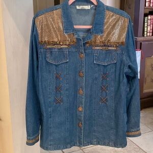 Vintage Nancy Bolen Women’s Denim Jean Shirt Top Leather Look Western 14 Large
